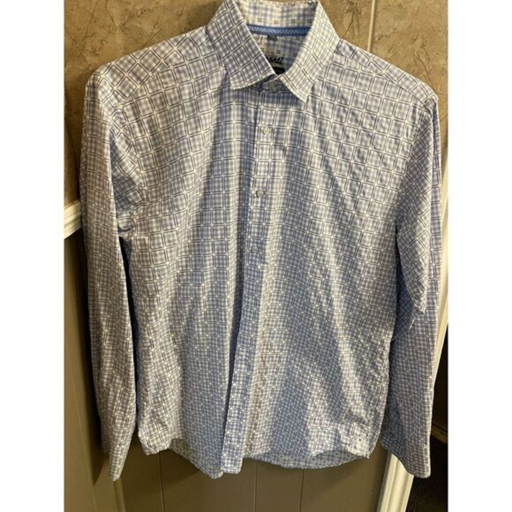 Visconti Blue‎ And White Geometric Pattern Men's Long Sleeve Shirt Size Large